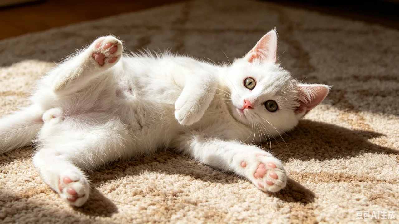 Doubao · White kitten on a rug — original watermarked image