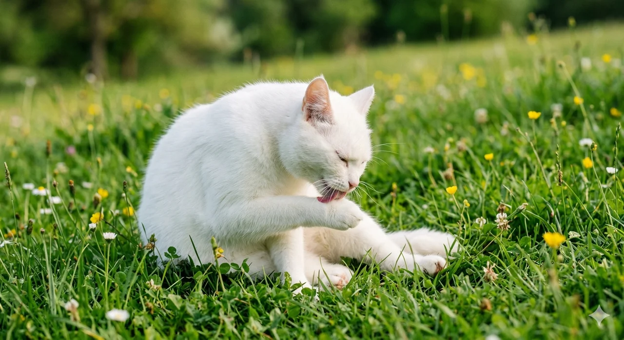 Gemini · White cat in a meadow — original watermarked image